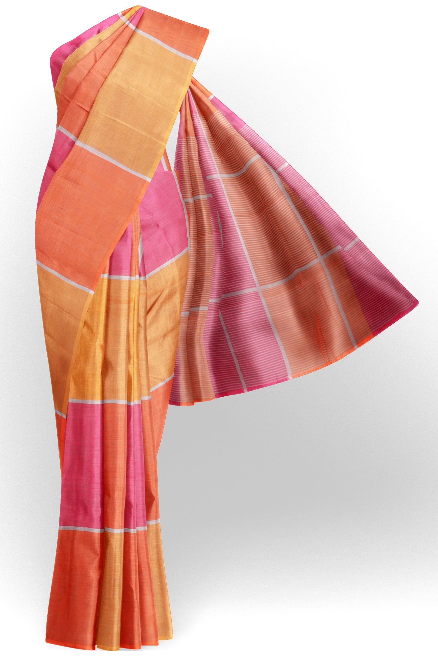 Yellow Pink Multi Colour Semi Linen Checks Saree
