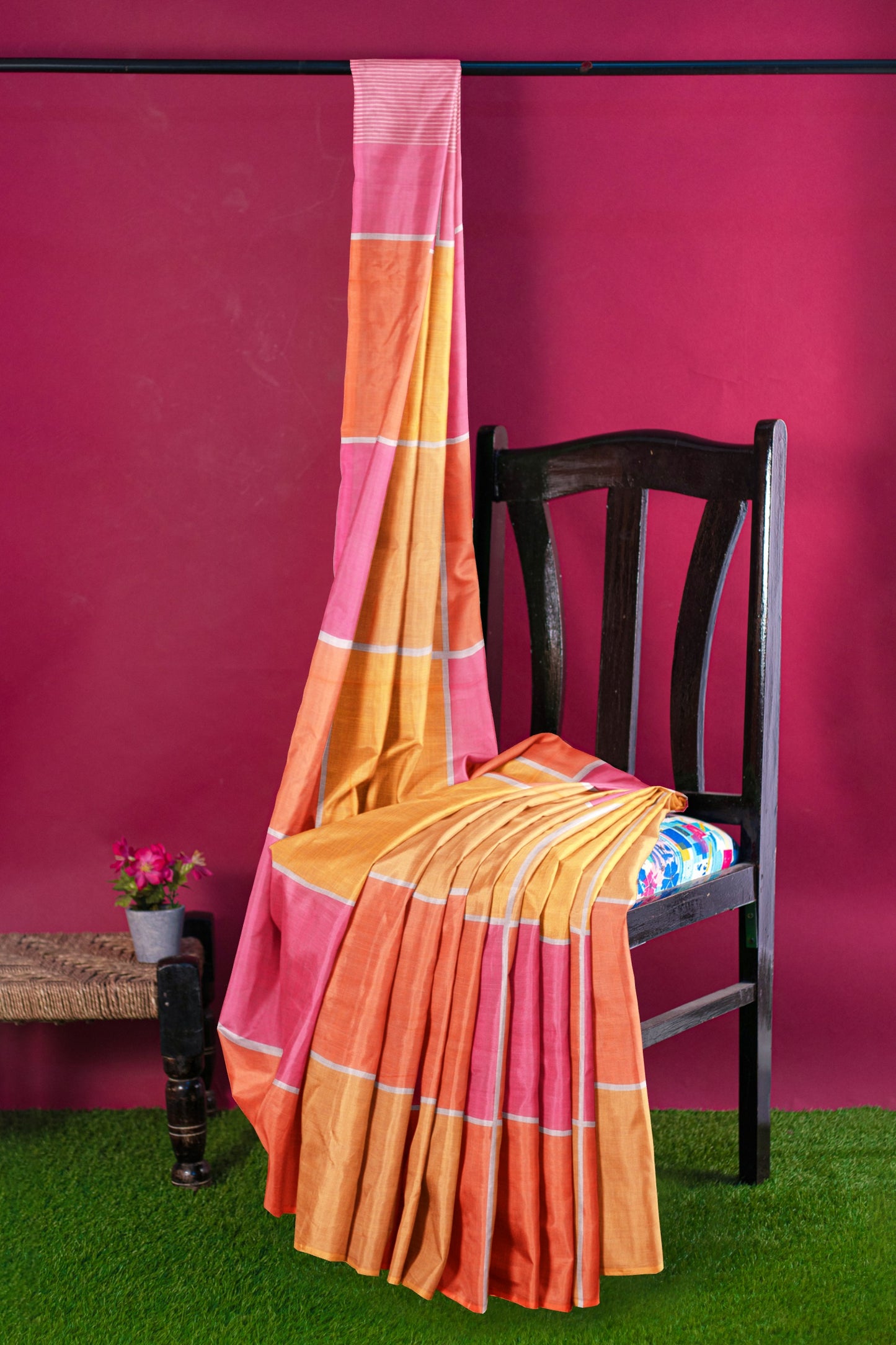 Yellow Pink Multi Colour Semi Linen Checks Saree