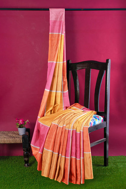 Yellow Pink Multi Colour Semi Linen Checks Saree