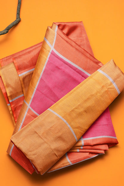 Yellow Pink Multi Colour Semi Linen Checks Saree