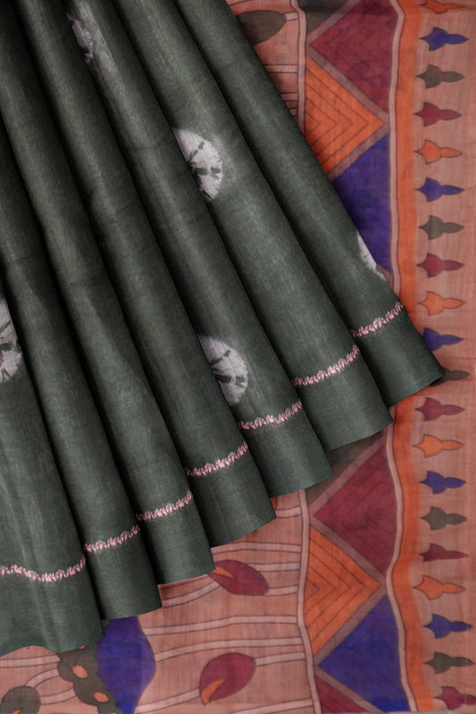 Green Semi Linen Shibori Style Print Saree