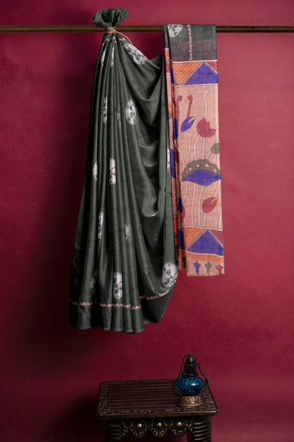 Green Semi Linen Shibori Style Print Saree