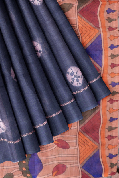 Grey Blue Semi Linen Shibori Style Print Saree