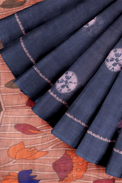 Grey Blue Semi Linen Shibori Style Print Saree