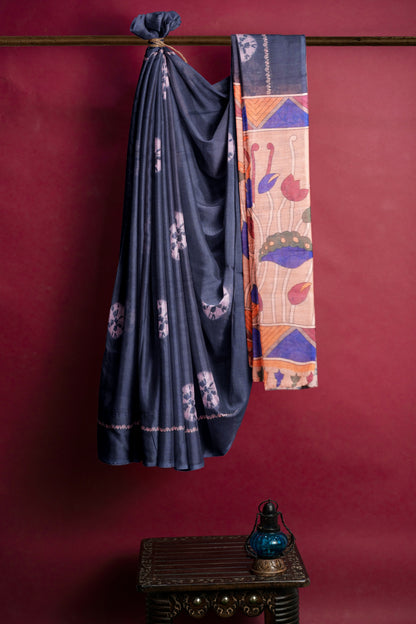 Grey Blue Semi Linen Shibori Style Print Saree
