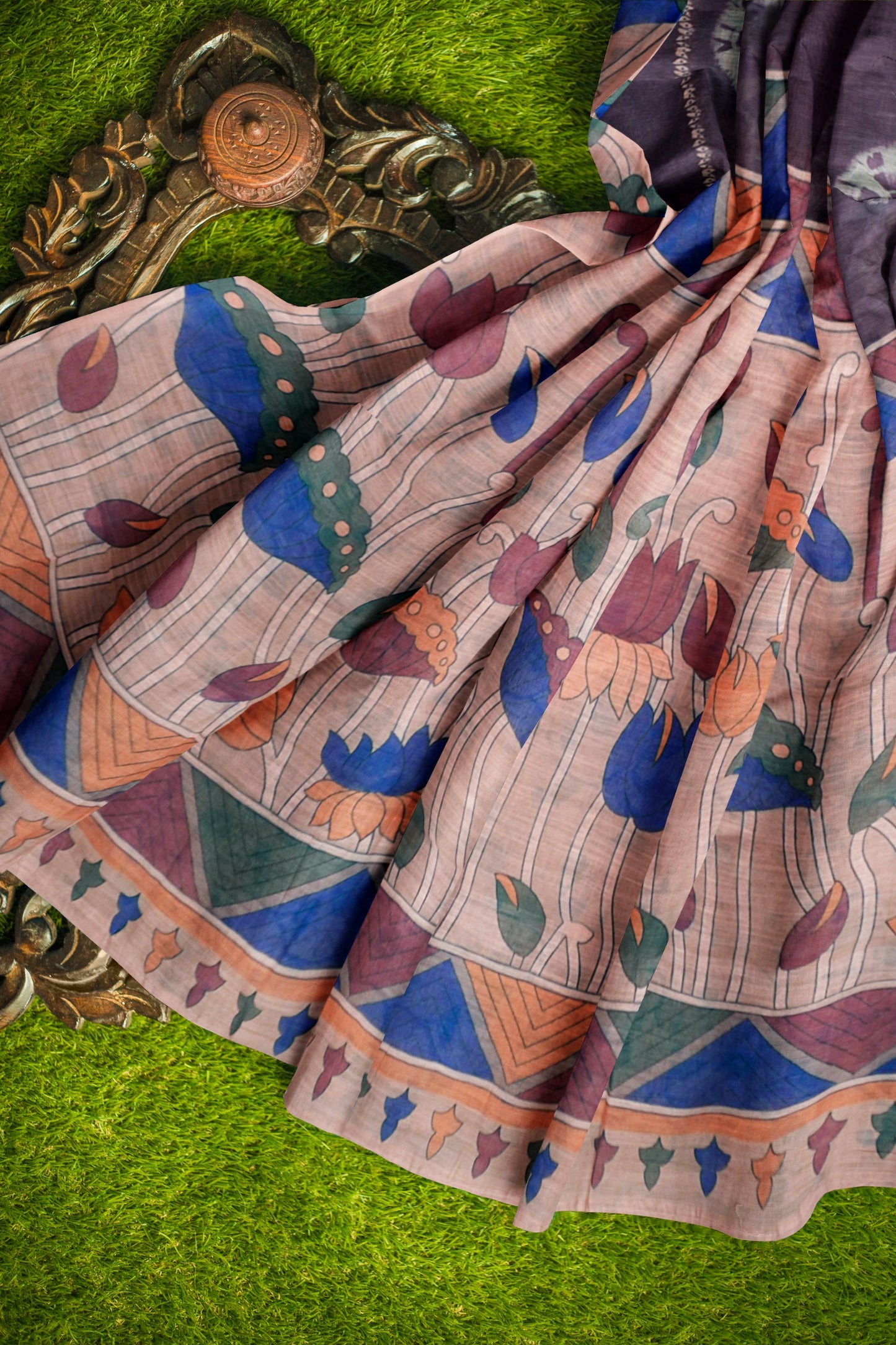 Indigo Violet Semi Linen Shibori Style Print Saree