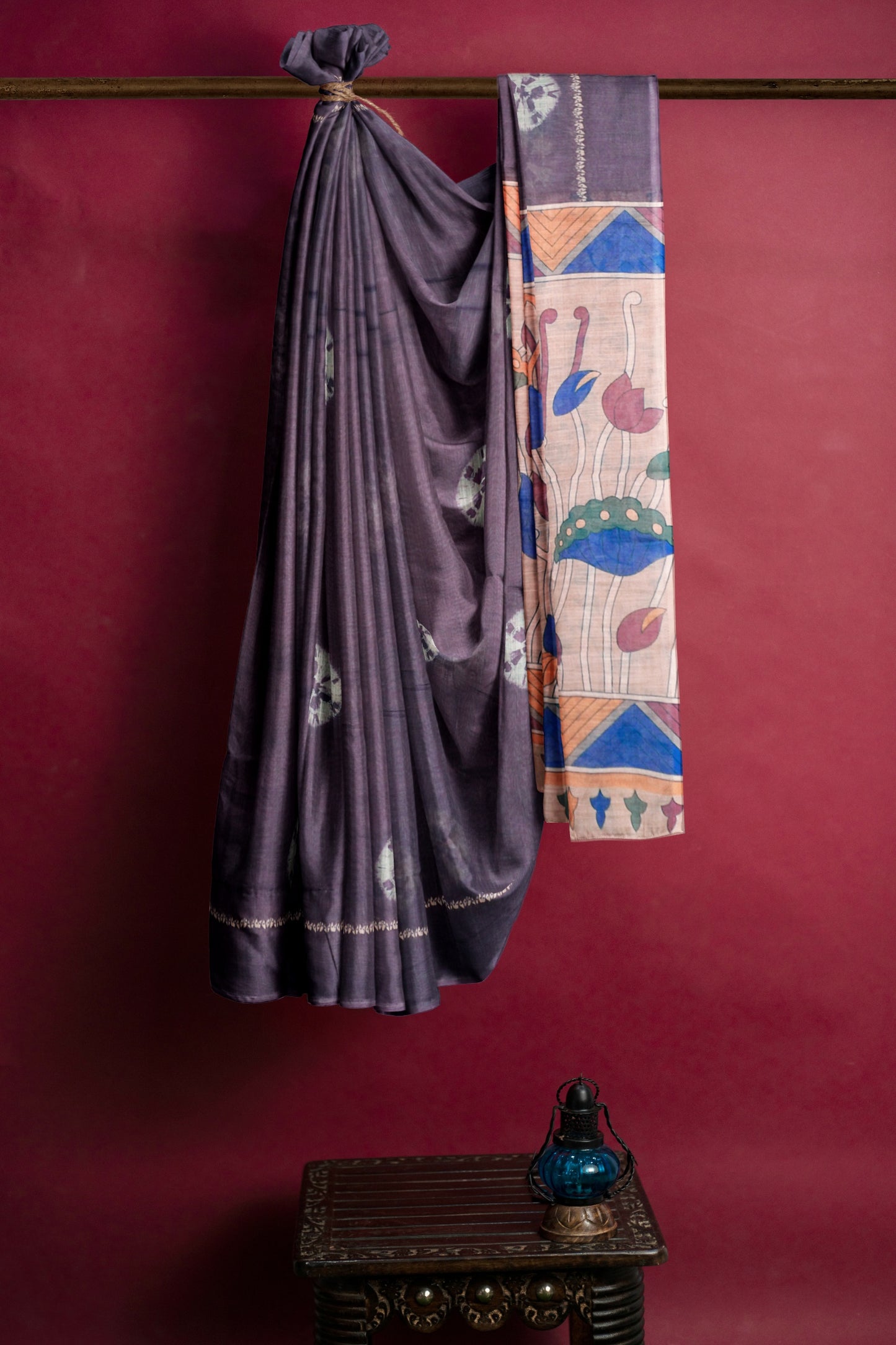 Indigo Violet Semi Linen Shibori Style Print Saree