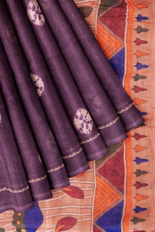 Purple Semi Linen Shibori Style Print Saree