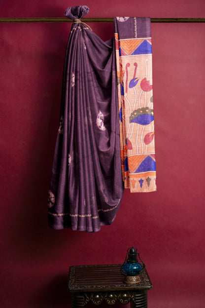 Purple Semi Linen Shibori Style Print Saree