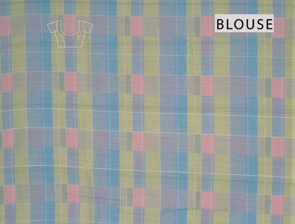 Pink Yellow Multi Colour Semi Linen Checks Saree