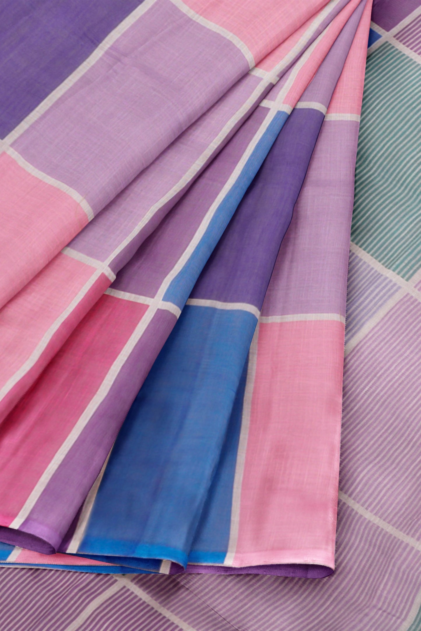 Pink Lavender Multi Colour Semi Linen Checks Saree