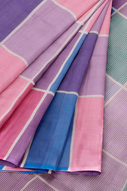 Pink Lavender Multi Colour Semi Linen Checks Saree
