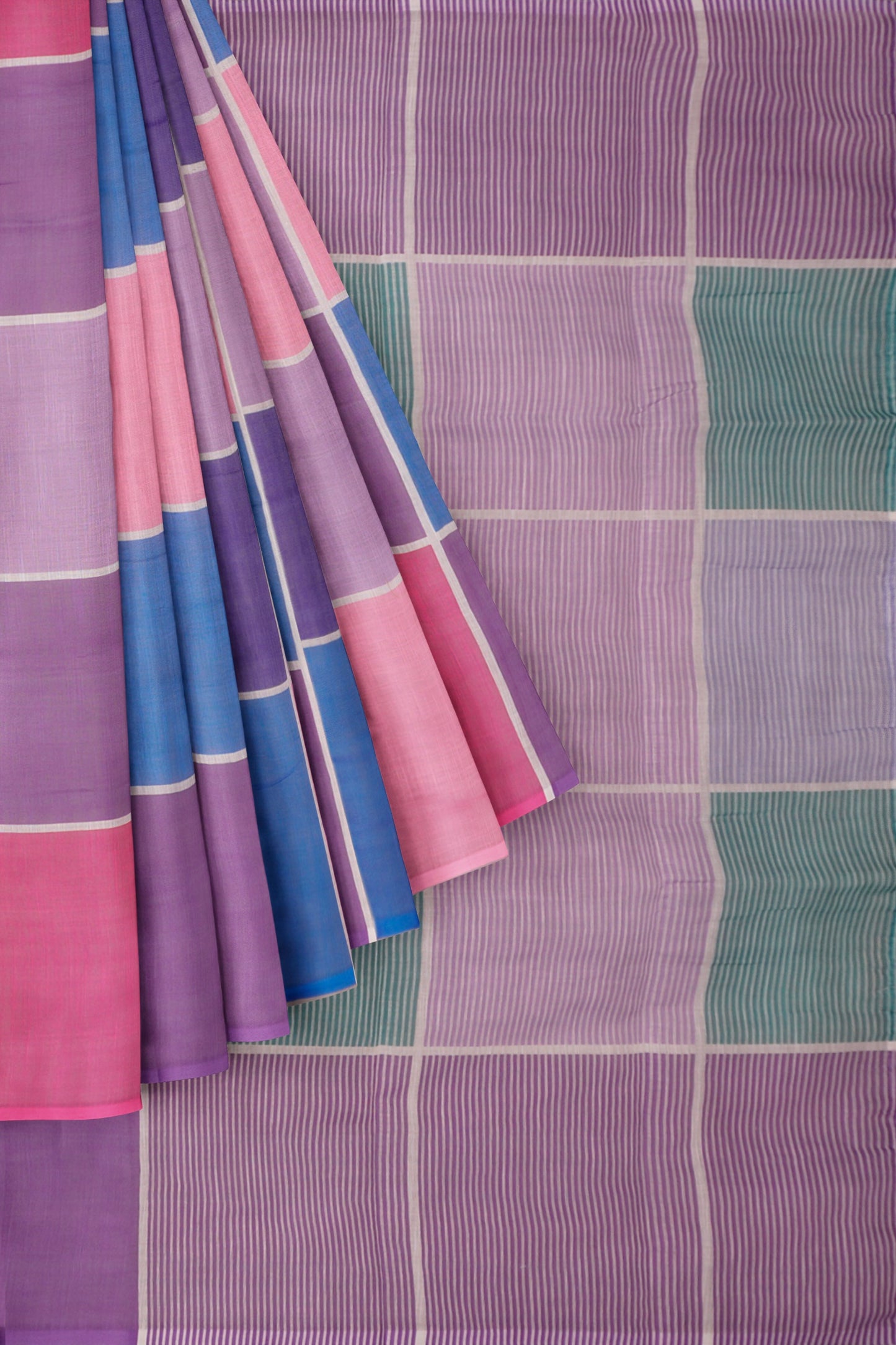 Pink Lavender Multi Colour Semi Linen Checks Saree