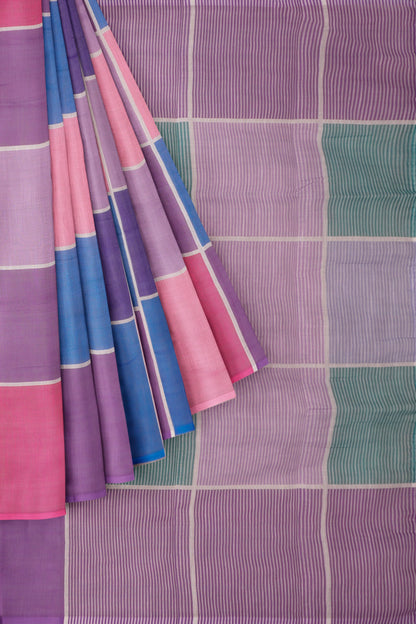 Pink Lavender Multi Colour Semi Linen Checks Saree