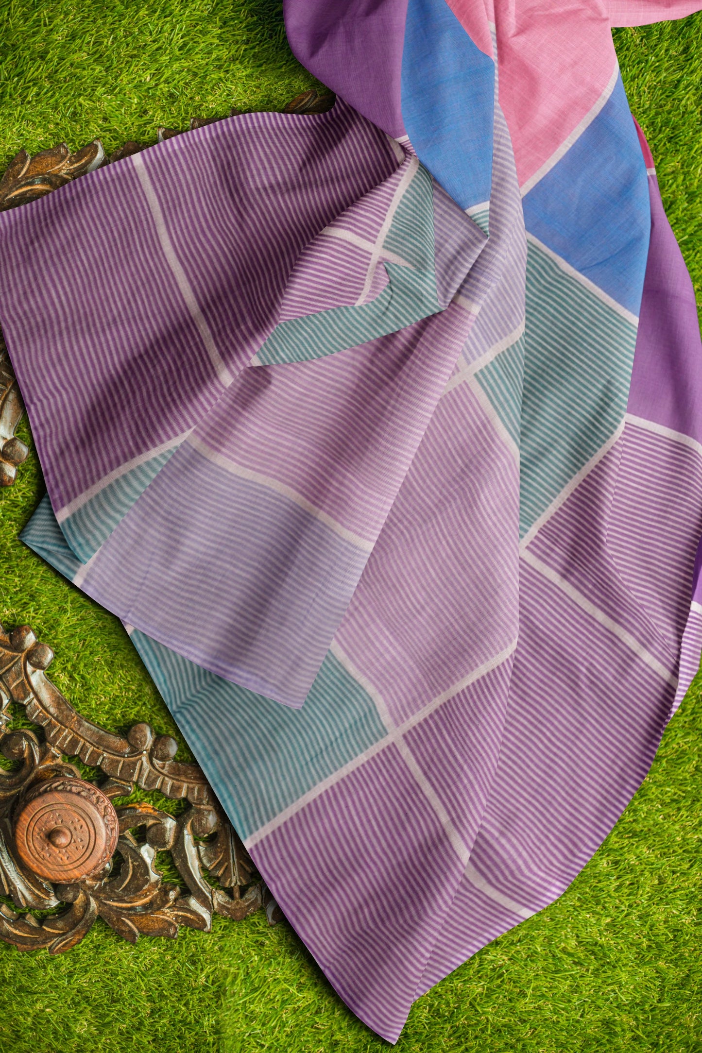 Pink Lavender Multi Colour Semi Linen Checks Saree
