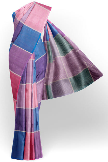 Pink Lavender Multi Colour Semi Linen Checks Saree