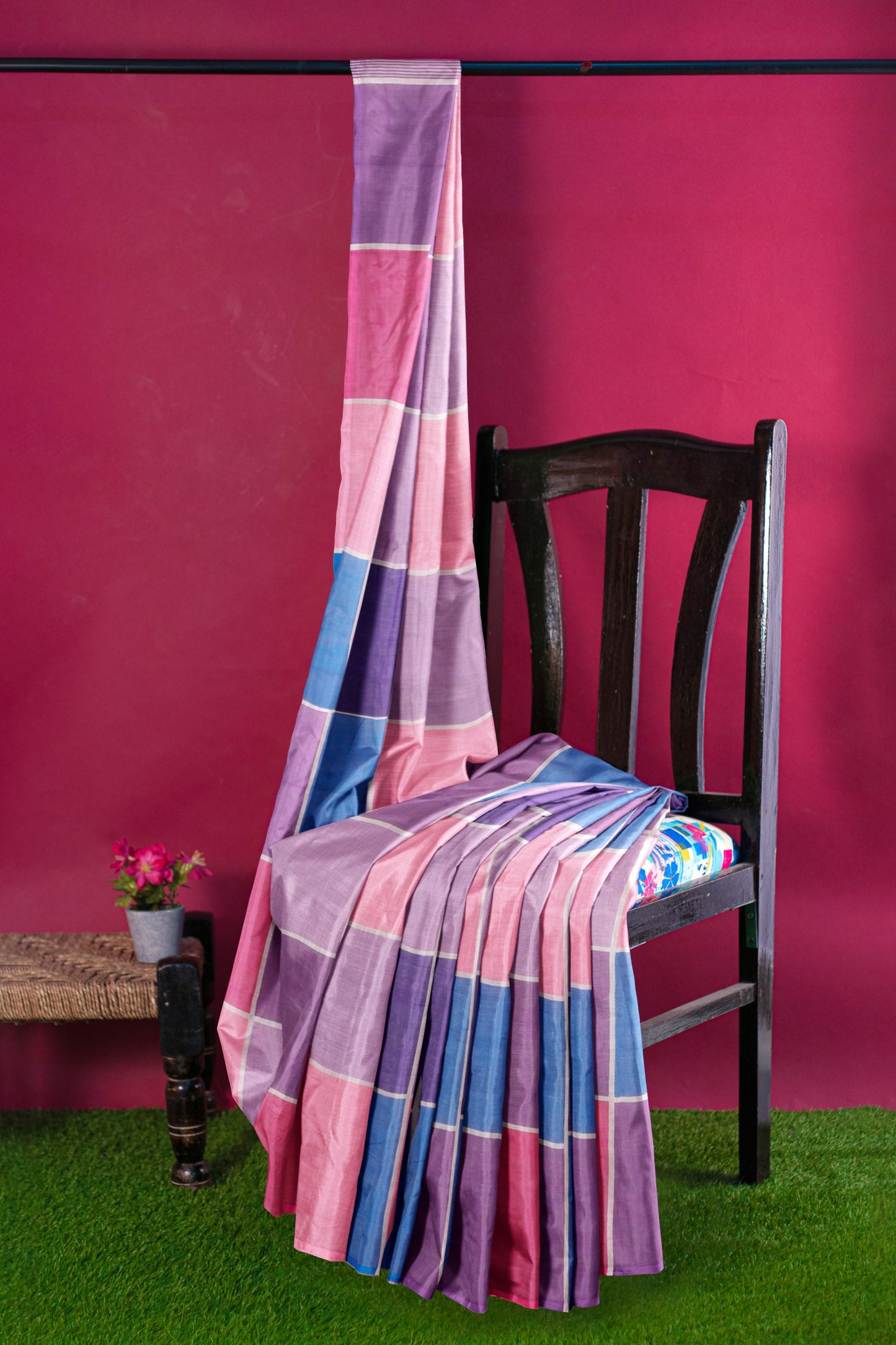 Pink Lavender Multi Colour Semi Linen Checks Saree