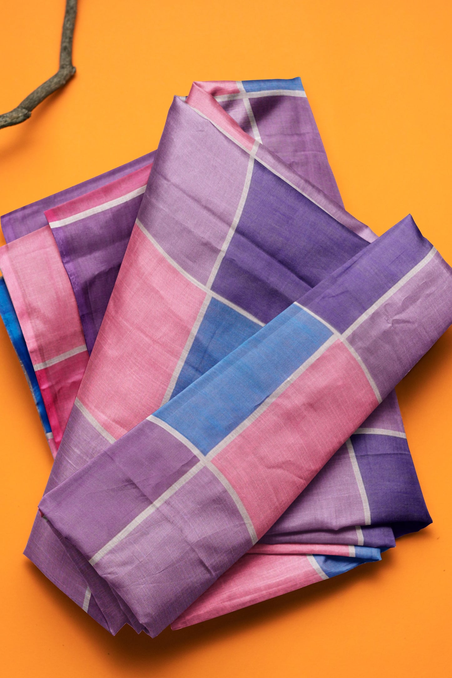 Pink Lavender Multi Colour Semi Linen Checks Saree