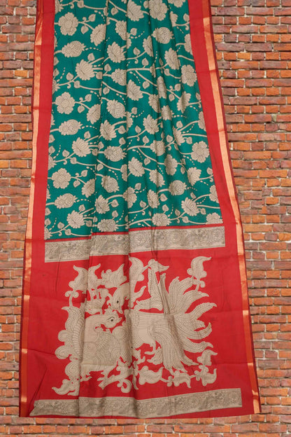 Peacock Blue Cotton Kalamkari Lotus Printed Saree