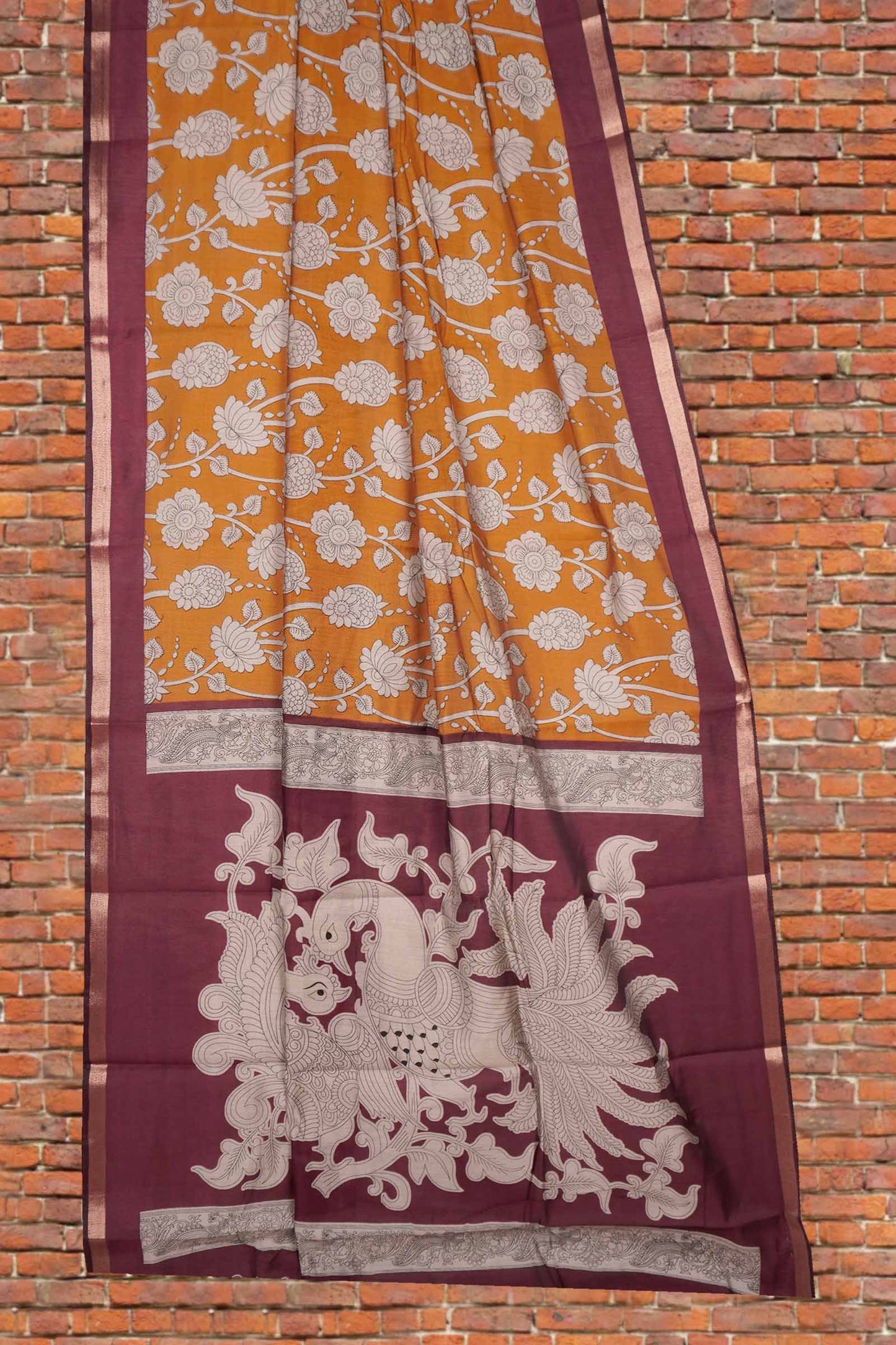 Mustard Yellow Cotton Kalamkari Lotus Printed Saree