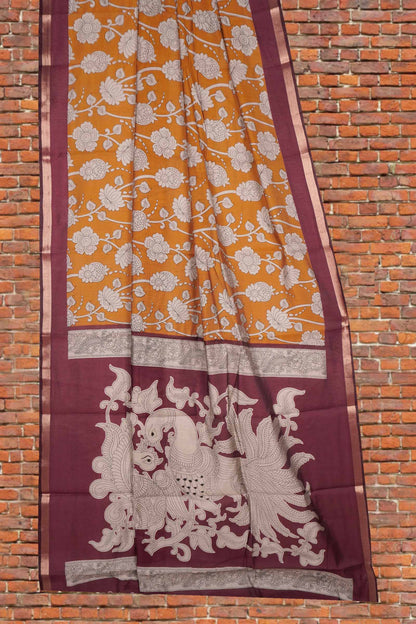 Mustard Yellow Cotton Kalamkari Lotus Printed Saree