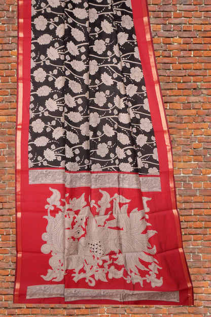 Black Cotton Kalamkari Lotus Printed Saree