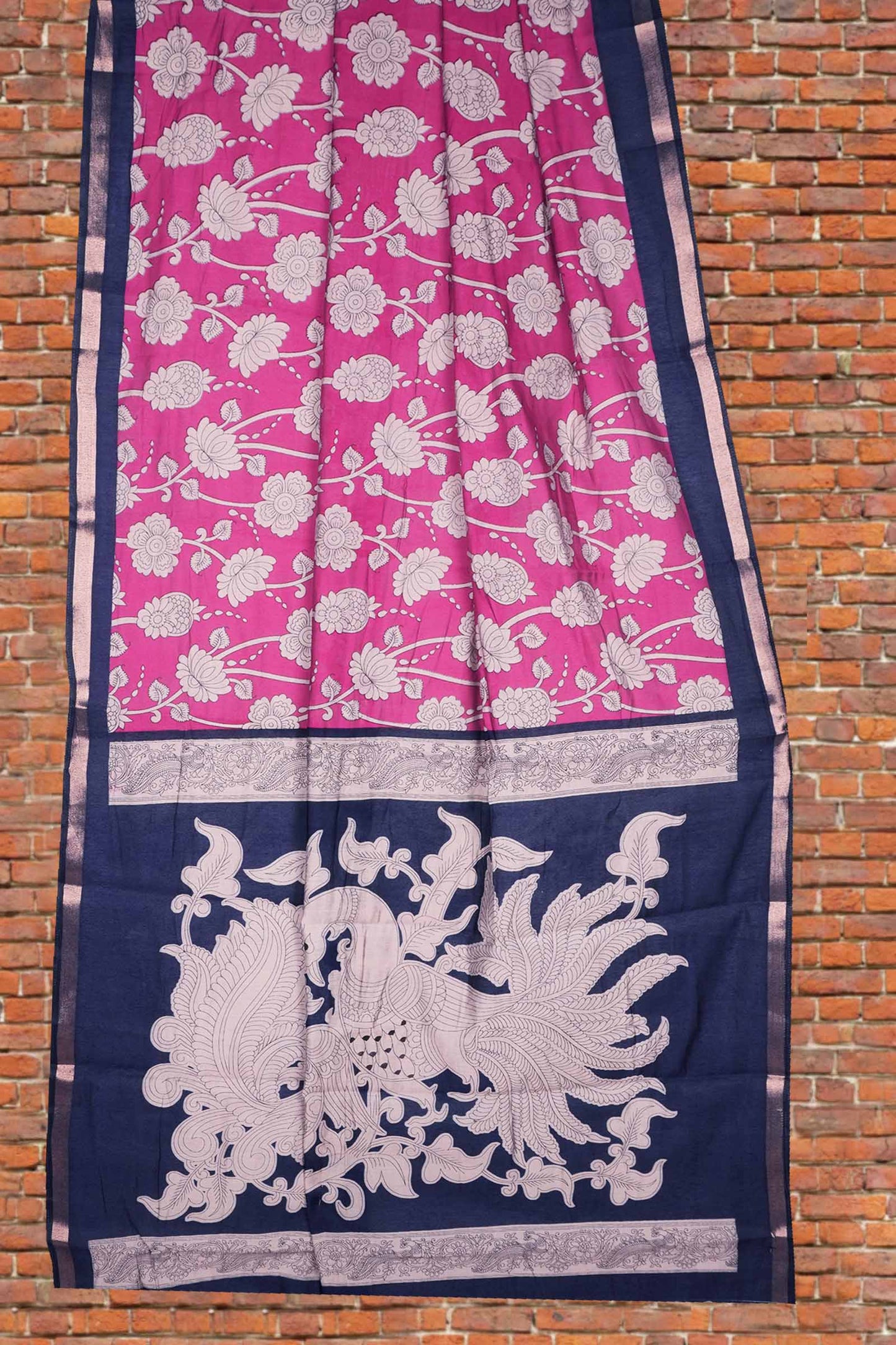 Pink Cotton Kalamkari Lotus Printed Saree