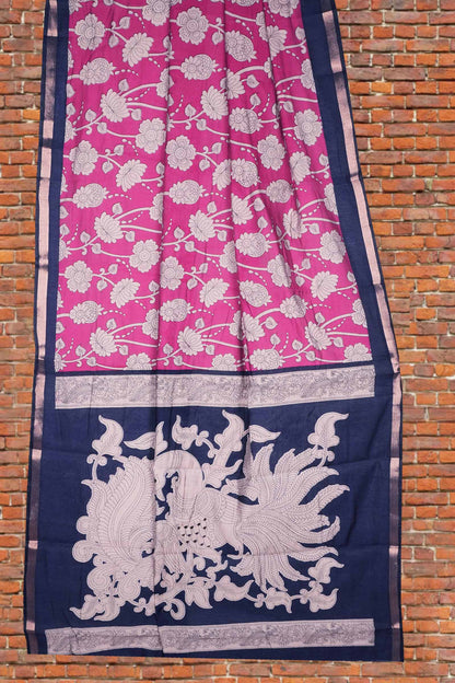 Pink Cotton Kalamkari Lotus Printed Saree