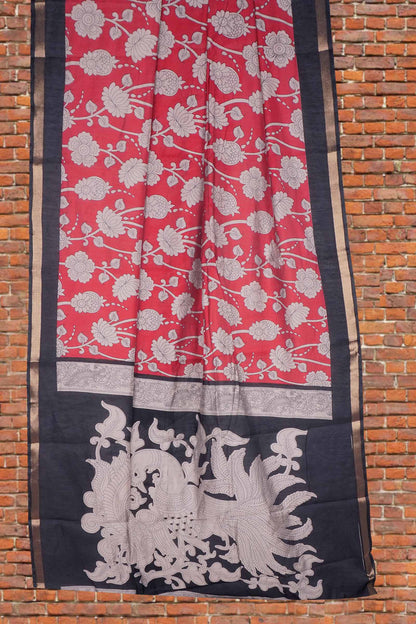 Red Cotton Kalamkari Lotus Printed Saree