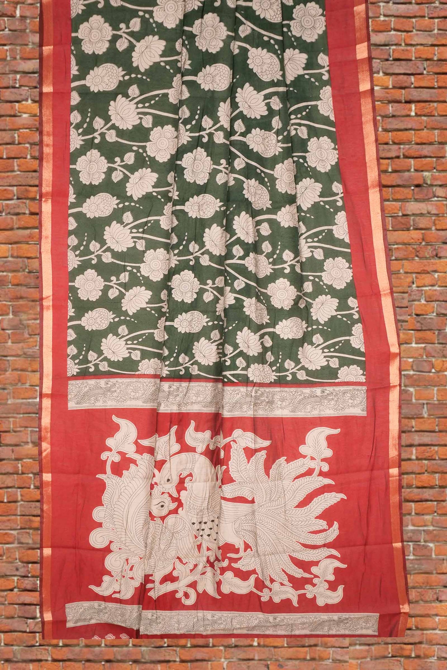 Green Cotton Kalamkari Lotus Printed Saree