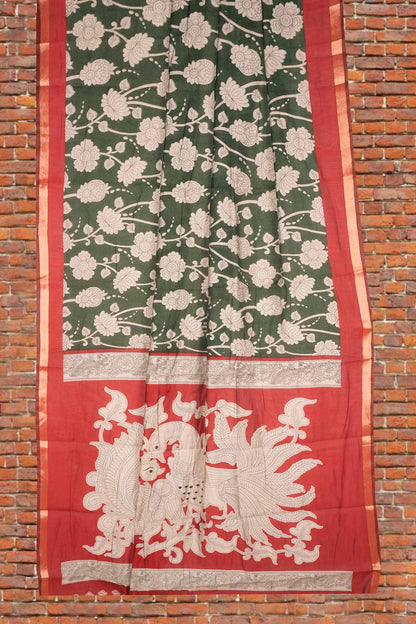 Green Cotton Kalamkari Lotus Printed Saree