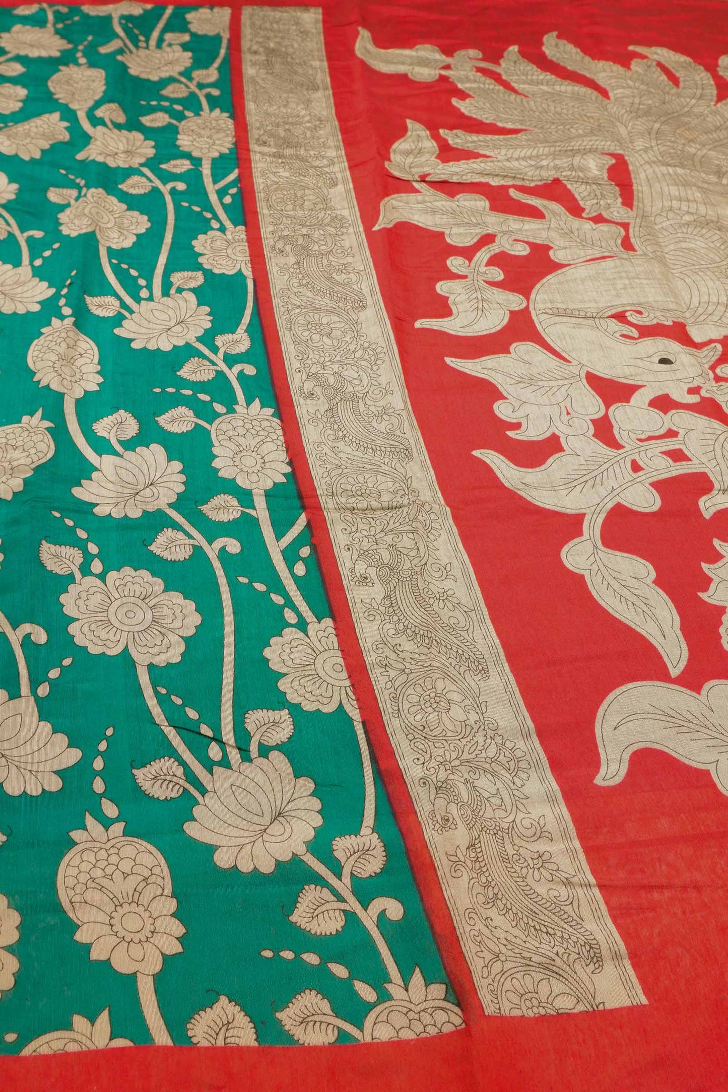 Peacock Blue Cotton Kalamkari Lotus Printed Saree