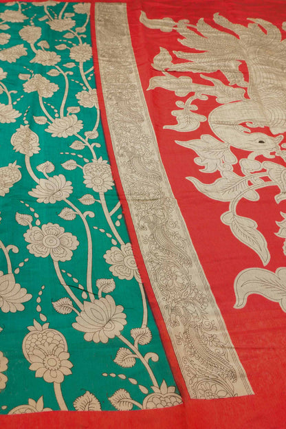 Peacock Blue Cotton Kalamkari Lotus Printed Saree