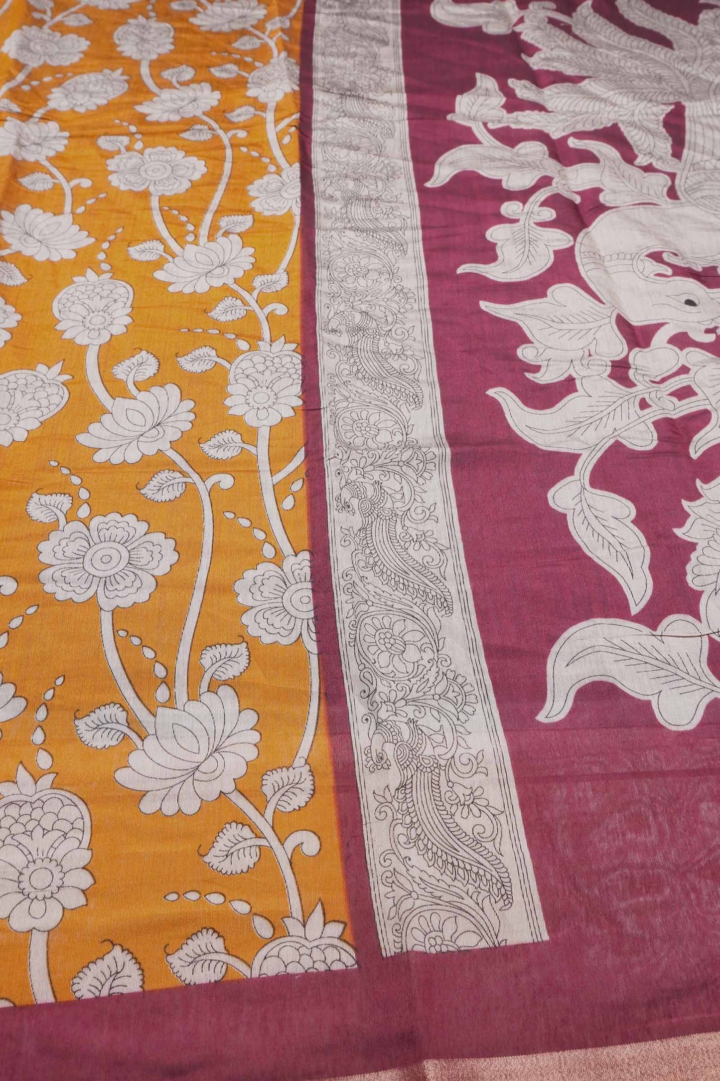 Mustard Yellow Cotton Kalamkari Lotus Printed Saree