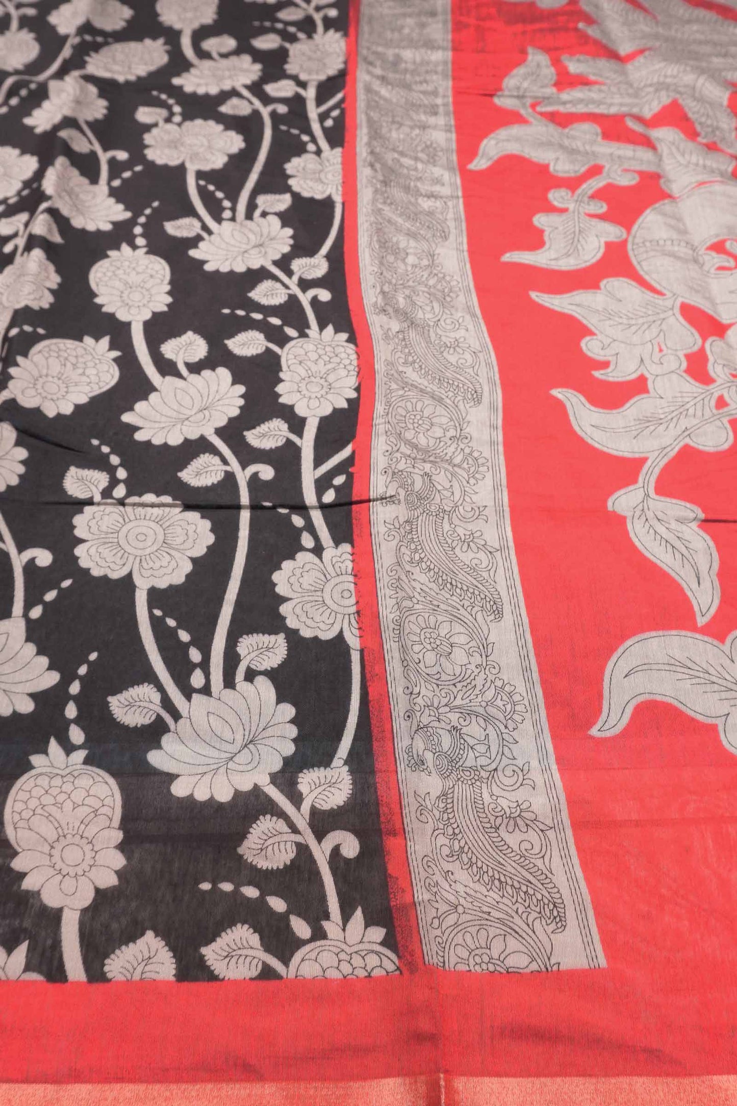 Black Cotton Kalamkari Lotus Printed Saree