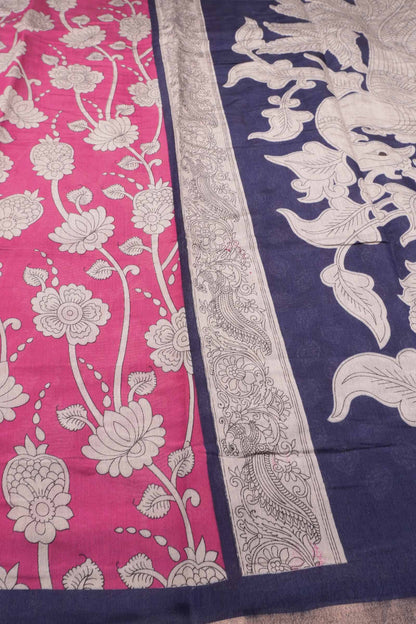 Pink Cotton Kalamkari Lotus Printed Saree