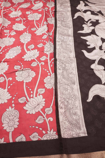 Red Cotton Kalamkari Lotus Printed Saree