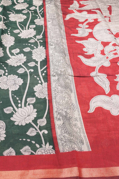 Green Cotton Kalamkari Lotus Printed Saree