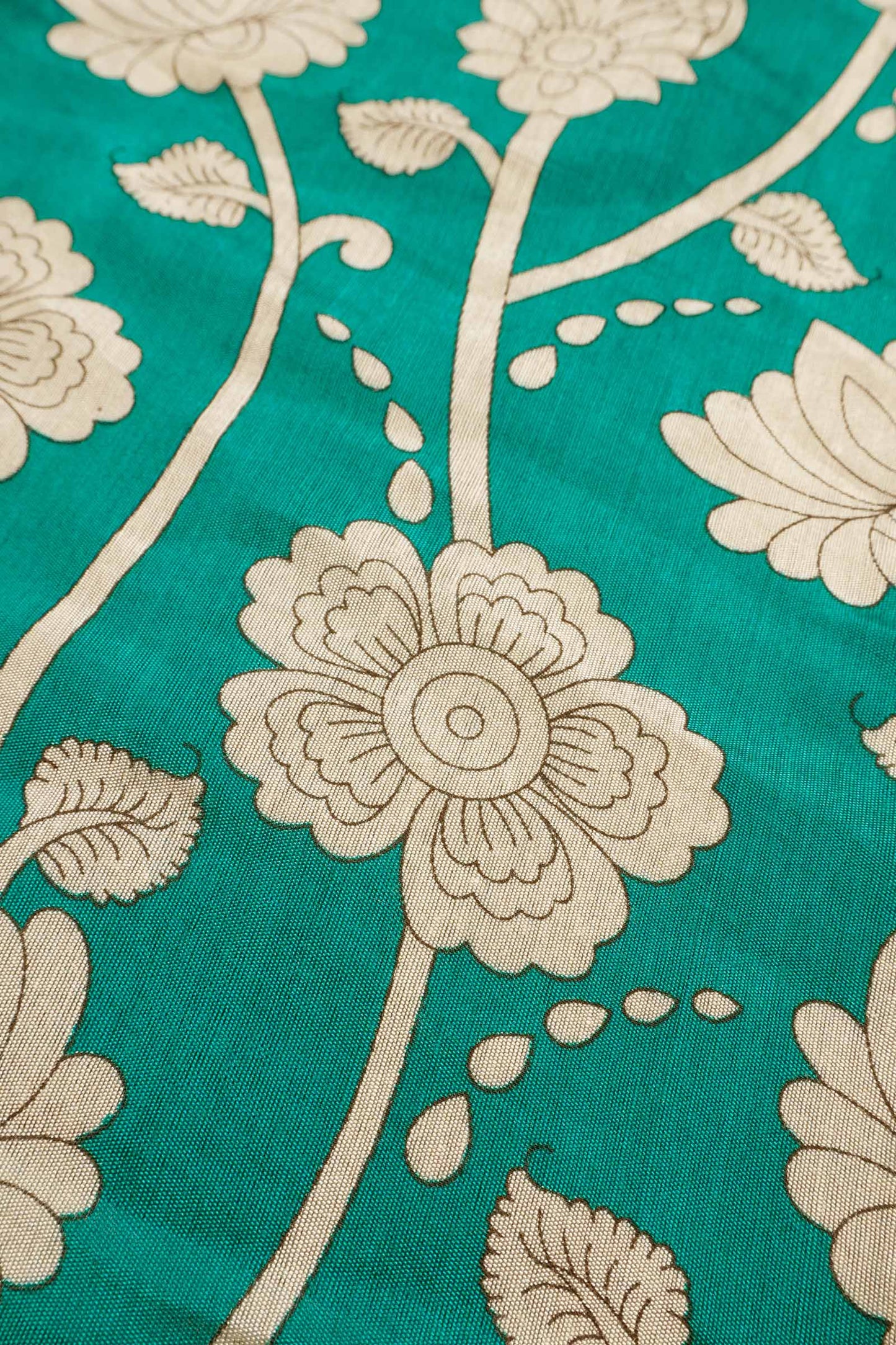 Peacock Blue Cotton Kalamkari Lotus Printed Saree