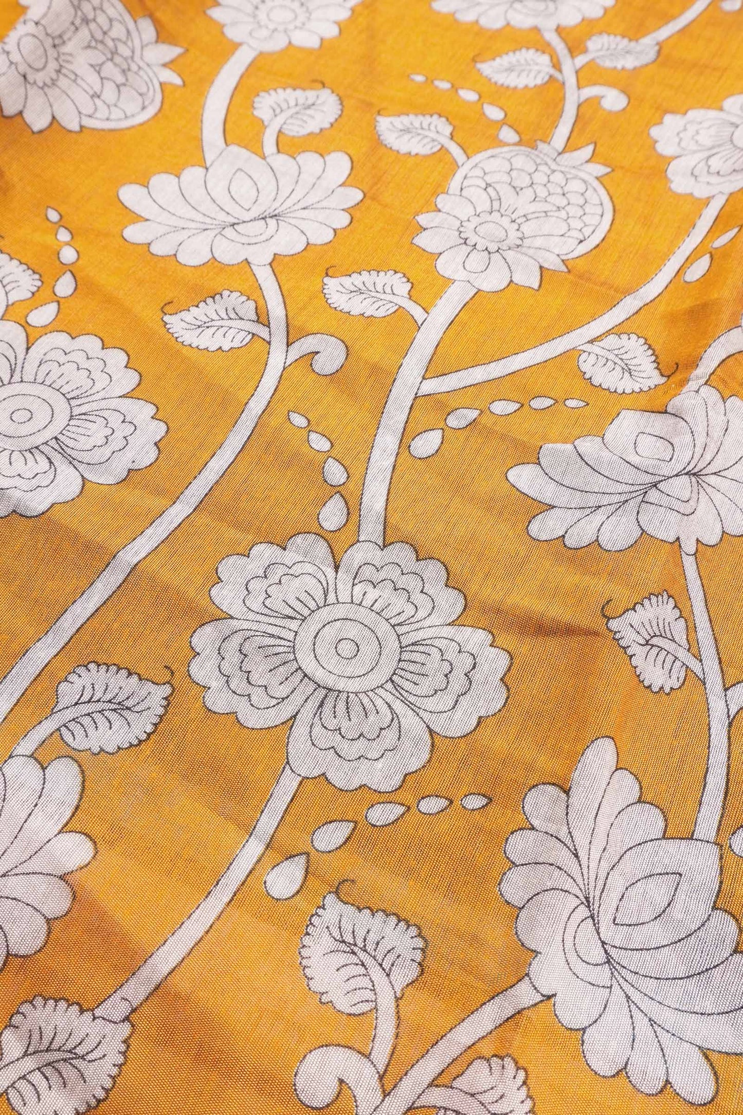 Mustard Yellow Cotton Kalamkari Lotus Printed Saree