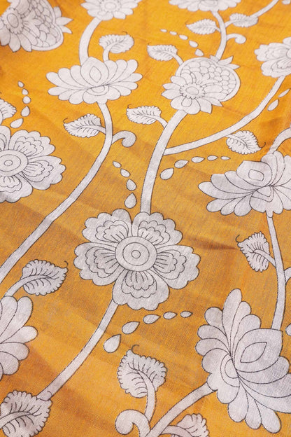 Mustard Yellow Cotton Kalamkari Lotus Printed Saree