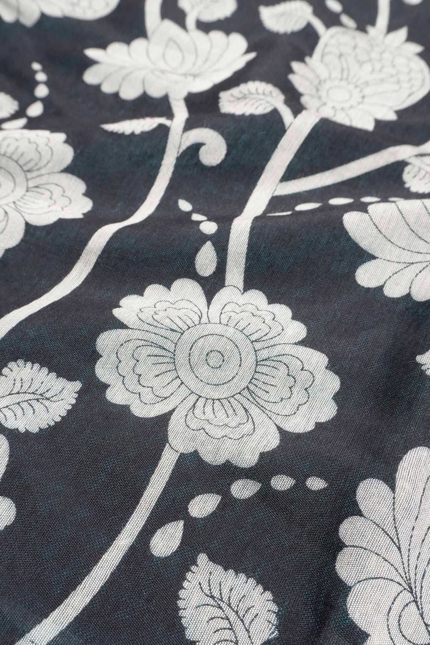 Black Cotton Kalamkari Lotus Printed Saree