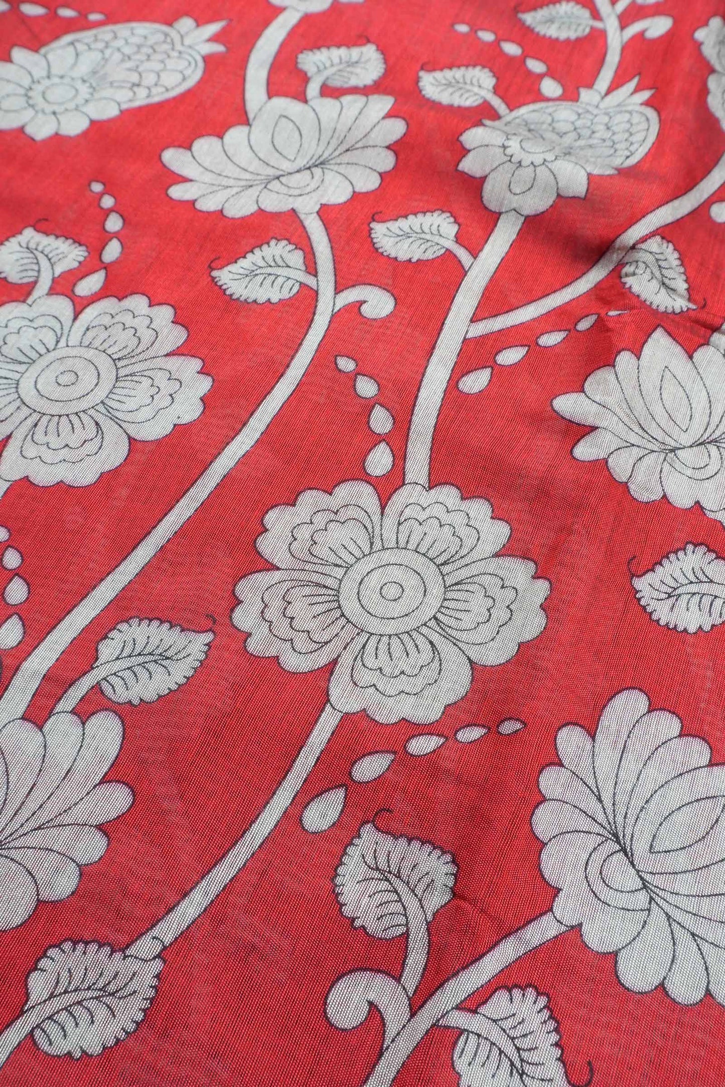 Red Cotton Kalamkari Lotus Printed Saree