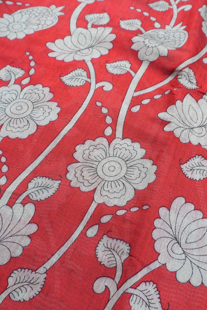 Red Cotton Kalamkari Lotus Printed Saree