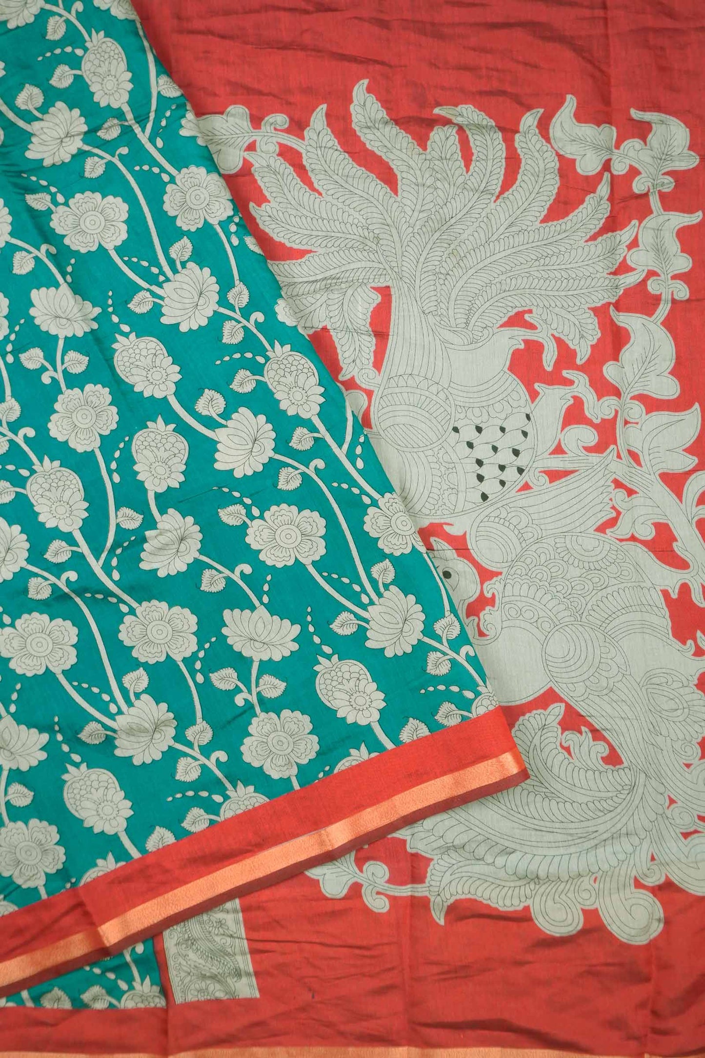 Peacock Blue Cotton Kalamkari Lotus Printed Saree