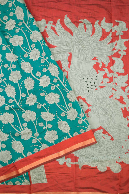 Peacock Blue Cotton Kalamkari Lotus Printed Saree
