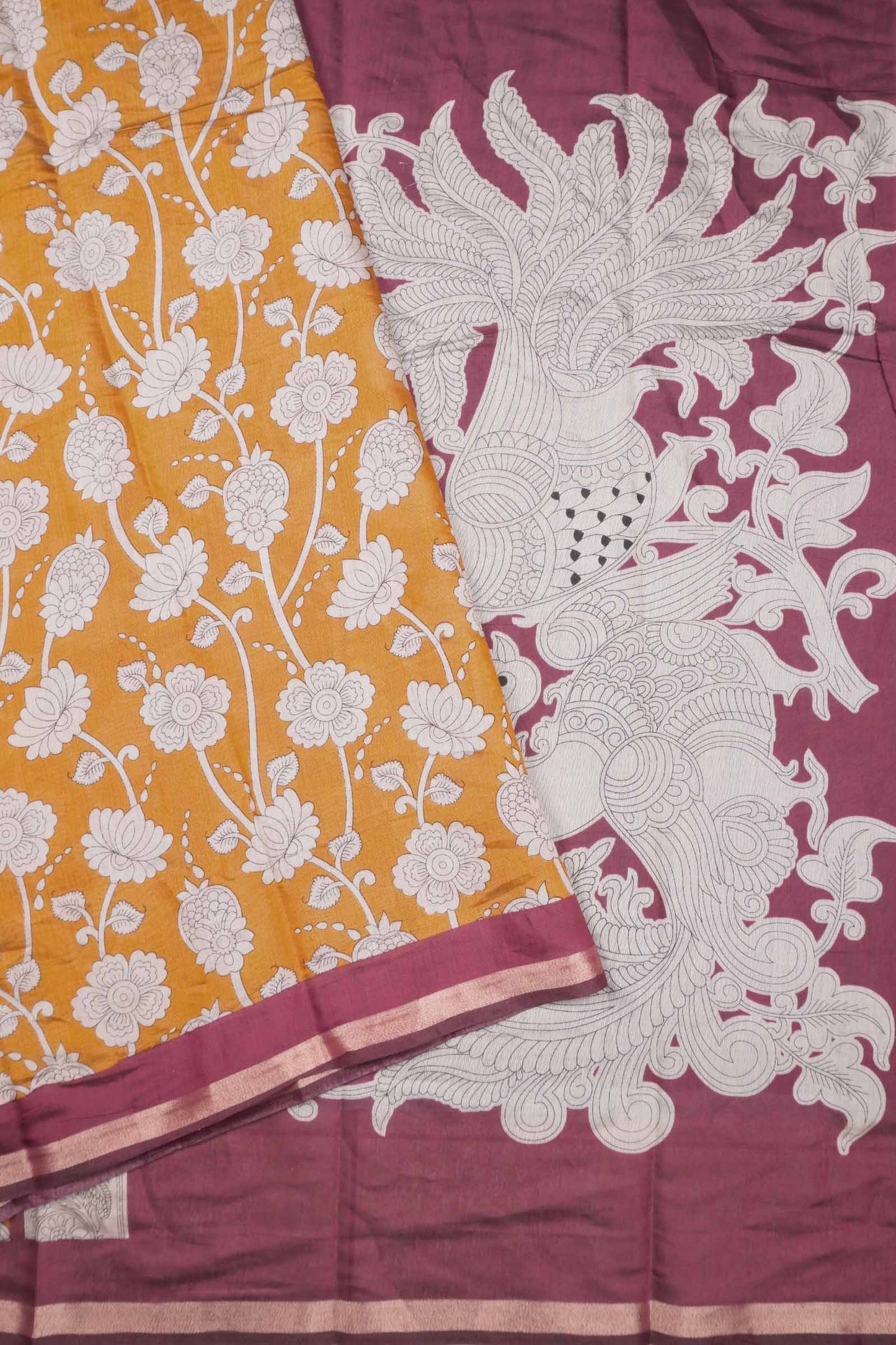 Mustard Yellow Cotton Kalamkari Lotus Printed Saree