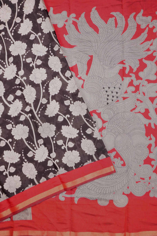 Black Cotton Kalamkari Lotus Printed Saree