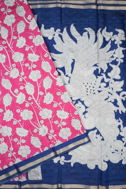 Pink Cotton Kalamkari Lotus Printed Saree