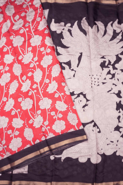 Red Cotton Kalamkari Lotus Printed Saree